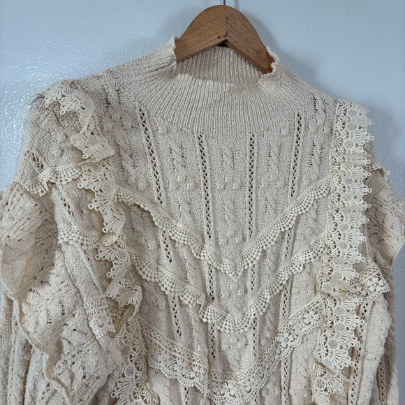 Piper & Scoot Cream Boho Cottagecore Crochet Mock Neck Cable Knit Sweater Size M - Picture 3 of 7